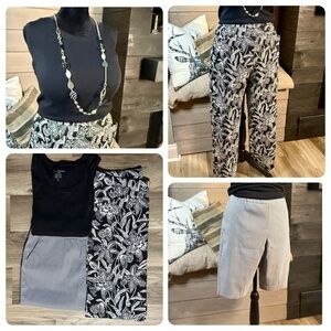 Chico's Black and White Floral Pants, Gingham Shorts w/Black Sleeveless Top